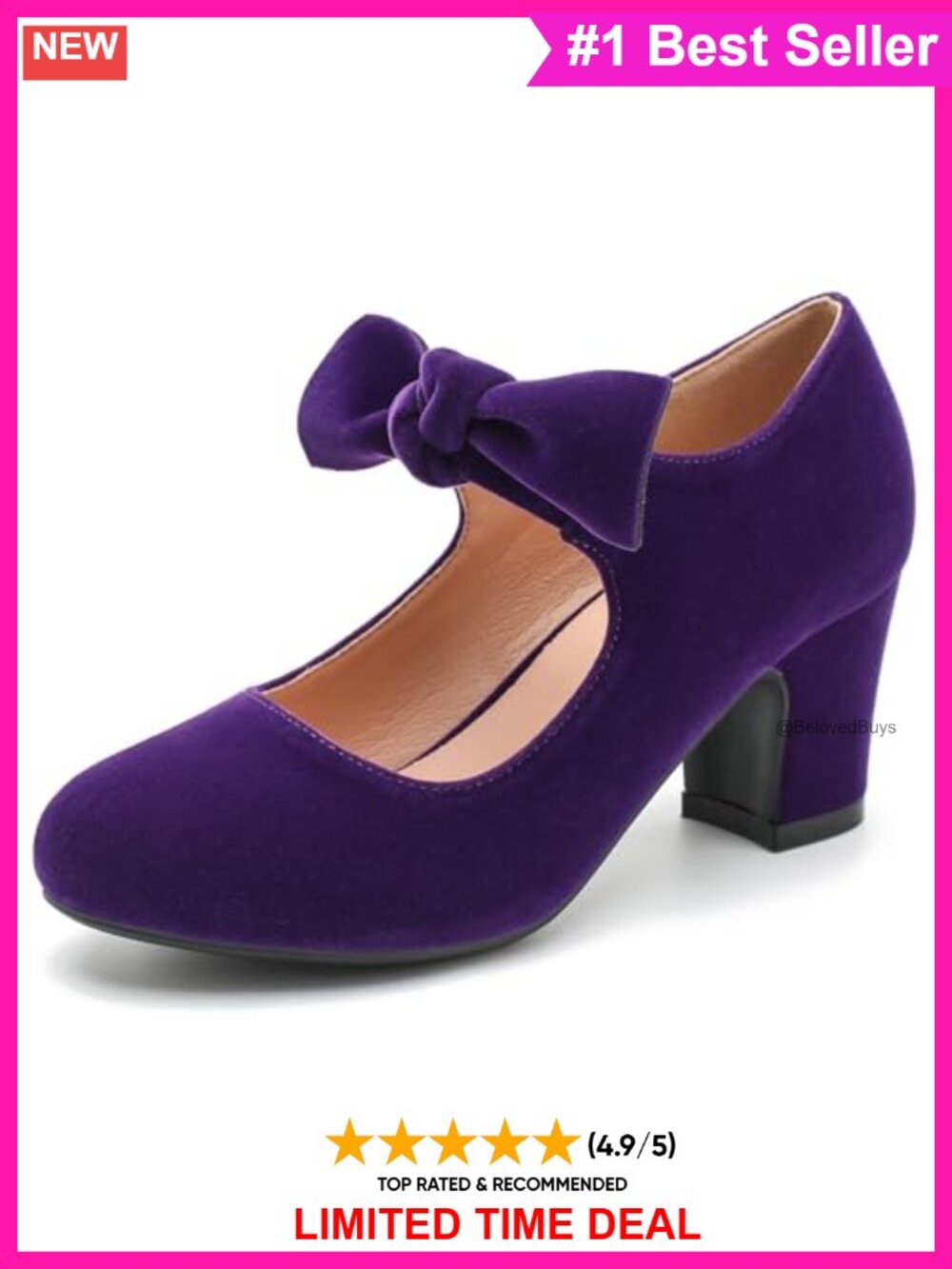Mary Jane Pumps Block Heel Bow Faux Suede Women's Dress Shoes